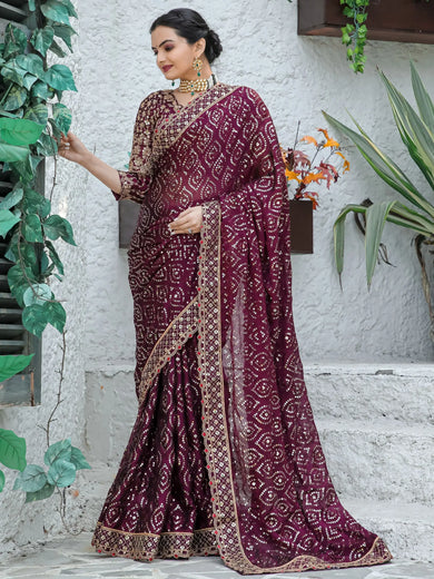Stunning Wine Sequins Georgette Function Wear Saree With Blouse